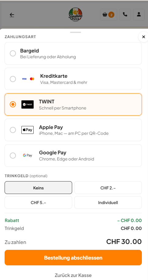 Zahlungsarten TWINT, Apple Pay, Google Pay
