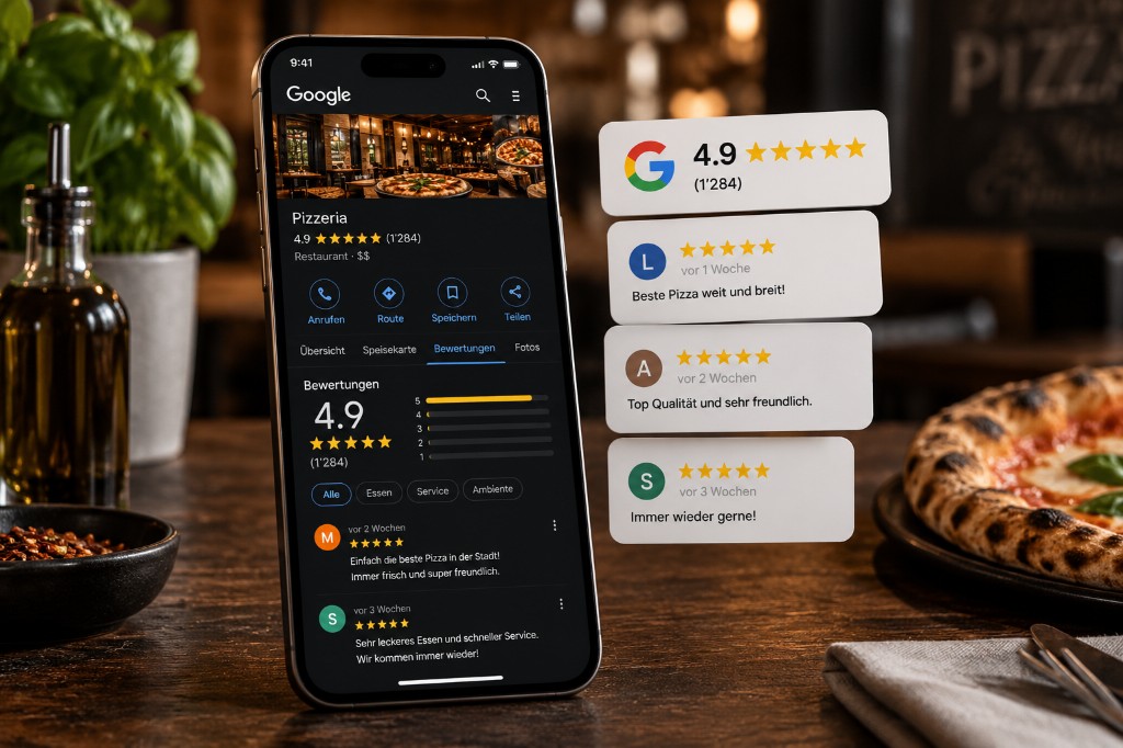 Google-Bewertungen auf dem Handy mit 4,9 Sternen